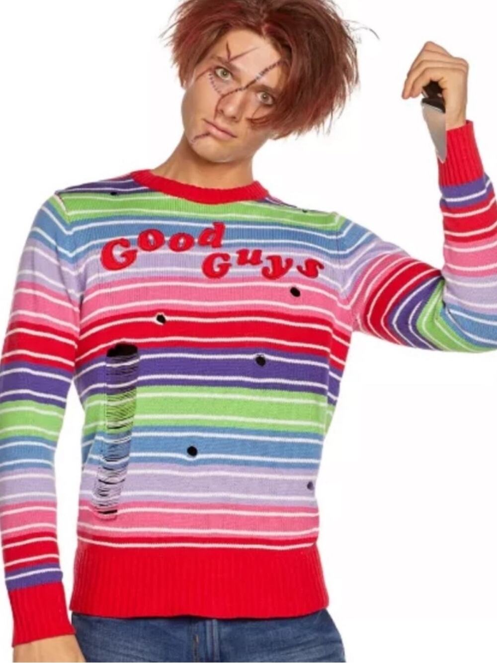 Chucky Sweater Spirit Halloween Good Guys Striped Distressed Size XL Pullover